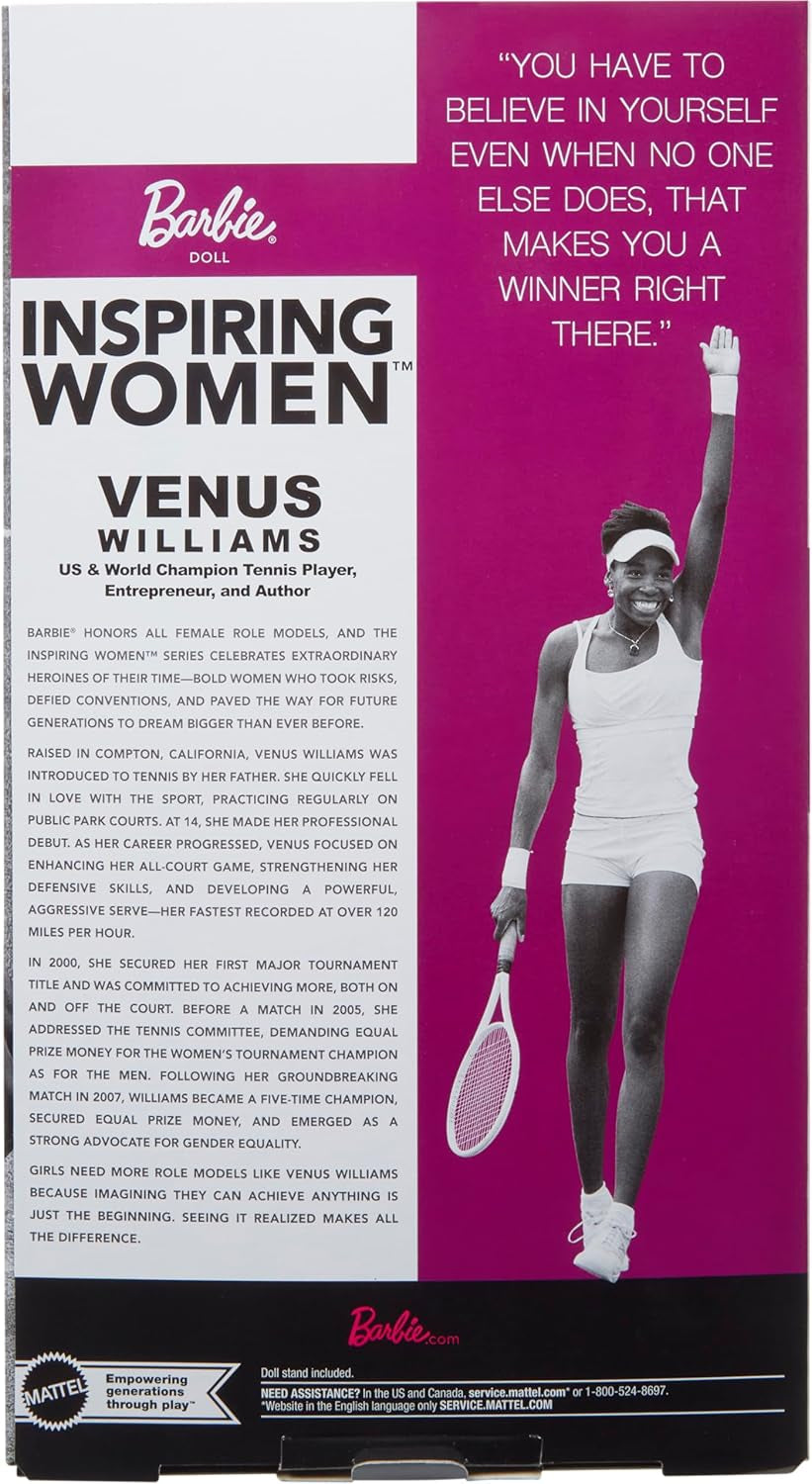 Seria Barbie Inspiring Women, păpușă la modă Venus Williams cu uniformă și rachetă de tenis semnate, inclusiv ambalaj de prezentare, HRM49