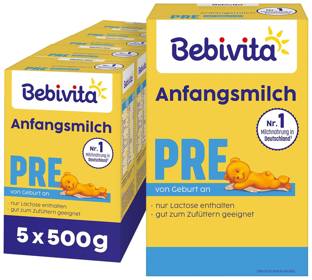 PRE-Milchpulvernahrung (5 x 500 g), ab Geburt, enthält nur Laktose als Kohlenhydrat, zur Beikost geeignet