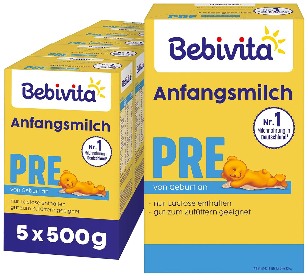 PRE-Milchpulvernahrung (5 x 500 g), ab Geburt, enthält nur Laktose als Kohlenhydrat, zur Beikost geeignet