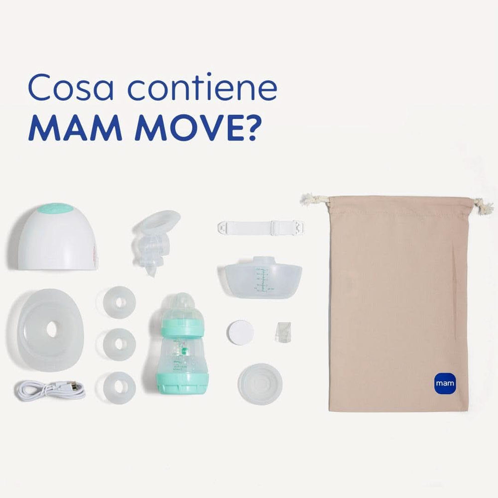MAM Move Tragbare Milchpumpe mit 3 Betriebsmodi und 5 Intensitätsstufen, Skinsoft-Silikongehäuse, einstellbar auf 4 Größen. Zubehör Essen und Stillen Bebe Naty Shop