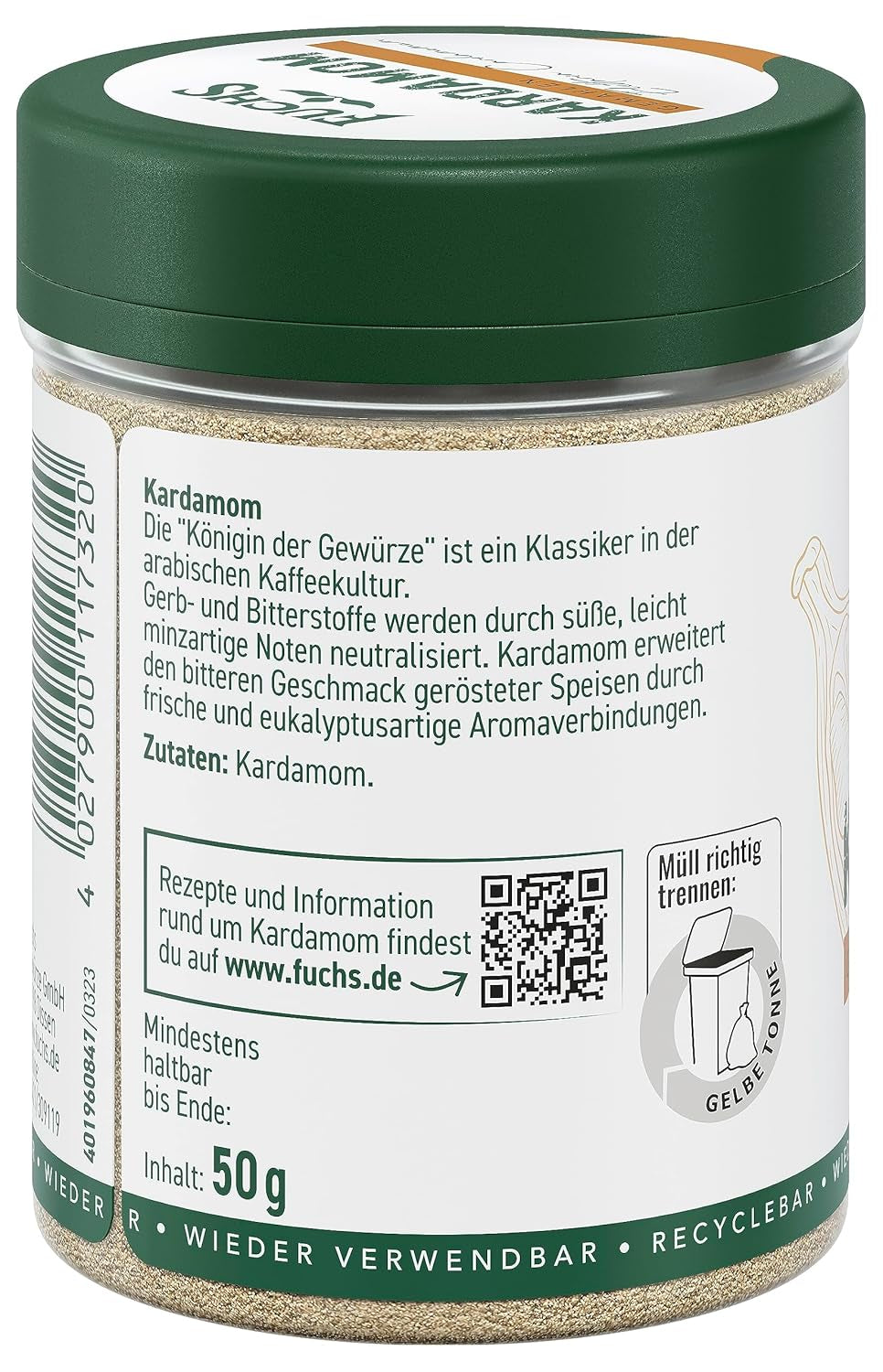 Fuchs Gewürze - Kardamom gemahlen - Gewürze für Glühwein oder Fleischgerichte wie Roastbeef oder Schweinebraten - natürliche Zutaten - 50 g in wiederverwendbarer, recyclebarer Dose