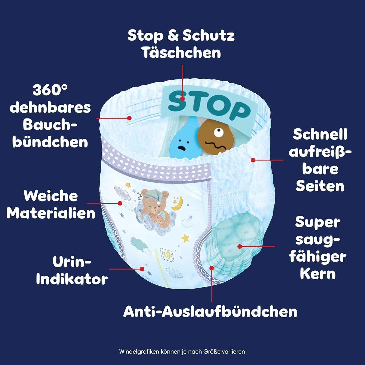 Pampers Night Pants Windeln der Größe 6, 138 Stück, 13 kg–19 kg, bieten zusätzlichen Schutz für die ganze Nacht.