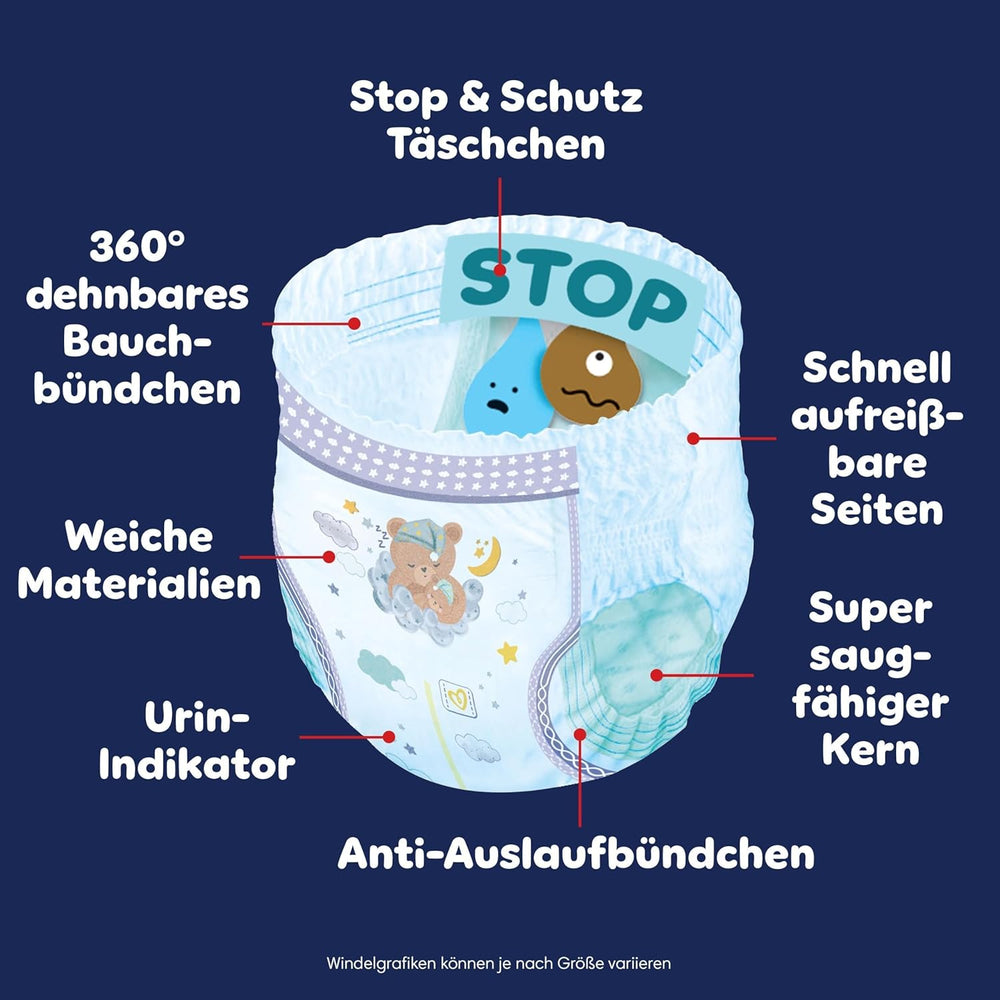 Pampers Night Pants Windeln der Größe 6, 138 Stück, 13 kg–19 kg, bieten zusätzlichen Schutz für die ganze Nacht.