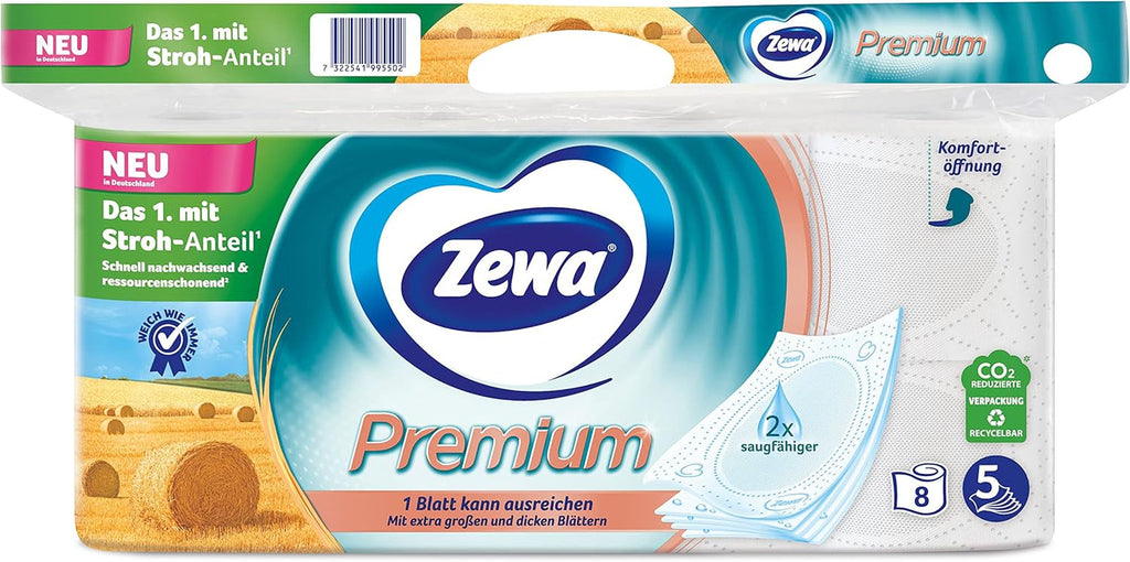 Zewa Premium hârtie igienică cu pai 48 de bucăți, rulouri 6X8, 5 straturi, pachet de stocare