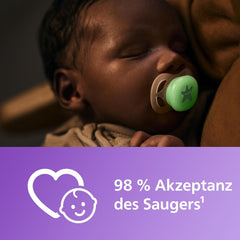 Suzetă de noapte Philips AVENT Ultra Start, suzetă ortodontică pentru nou-născuți, strălucește în întuneric, fără BPA, cu recipient de sterilizare, pachet dublu, Lună, Stea, SCF075/07