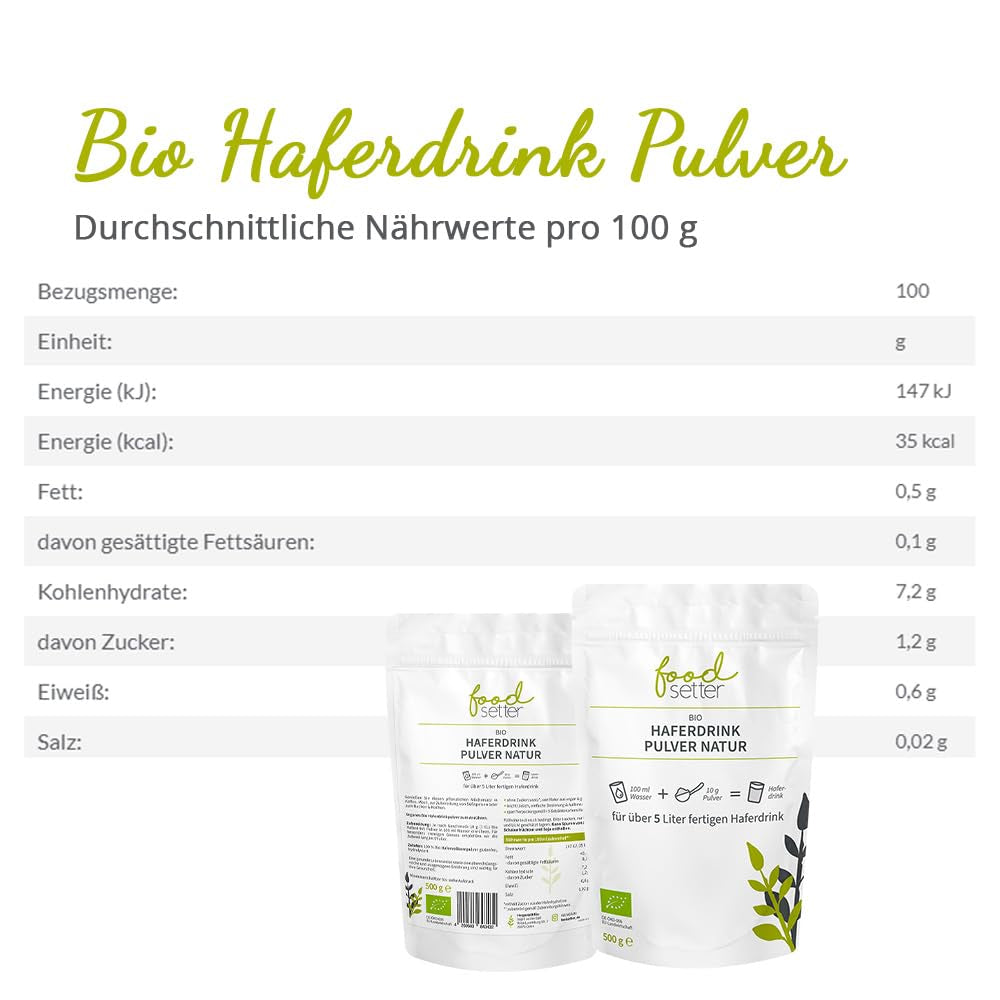 foodsetter Bio Haferdrink Pulver | 500g Beutel | Haferpulver | Instant-Haferpulver | Bio-Qualität | Vegan | Glutenfrei | Ohne Zuckerzusatz | 0,5 kg