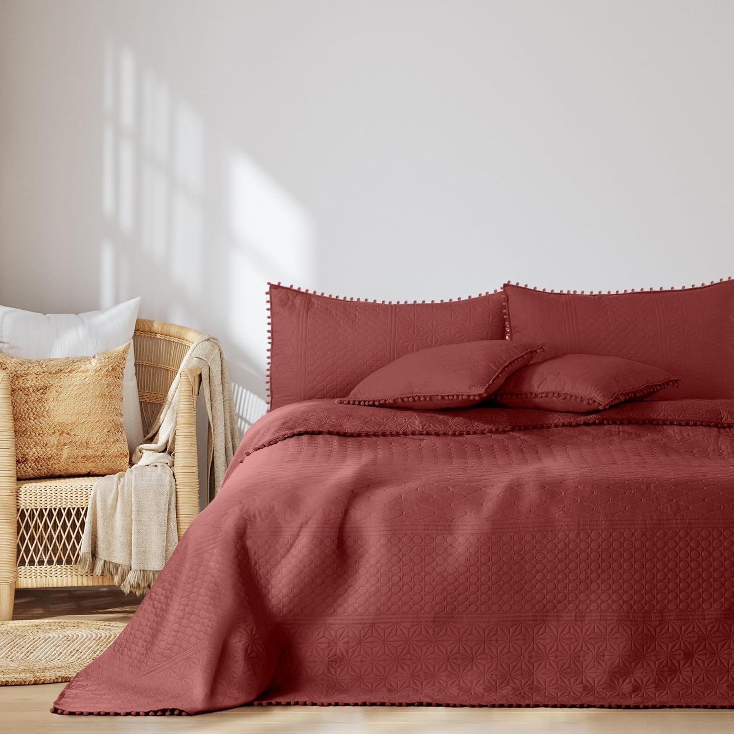 Ameliahome Tagesdecke mit Pompons, 220 x 240 cm, doppelseitige Tagesdecke, Ultraschall-Steppung, Polyester, Meadore, graue Betten und Decken. Besuchen Sie den AmeliaHome-Store Meadore altrosa, 240 x 260 cm