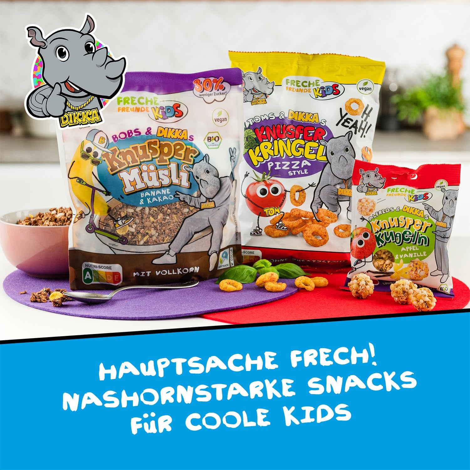 FRECHE FREUNDE KIDS, Bobs & DIKKAs Knuspriges Bananen-Kakao-Müsli, knuspriges Schokoladen-Müsli für Kinder, wenig Zucker, ohne Zusatzstoffe, 100 % vegan, 6 Stück (6 x 280 g)
