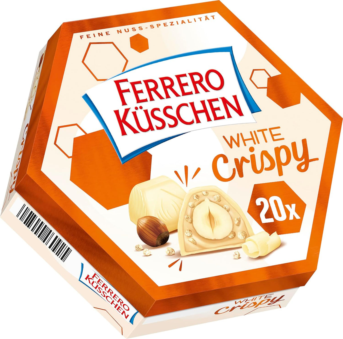 Ferrero Küsschen White Crispy – Valentinstagsgeschenk für Sie und Ihn – Knusprig geröstete Haselnüsse in heller Creme mit knusprigen Chips, umhüllt von weißer Schokolade, 1 Packung mit 20 einzelnen Pralinen