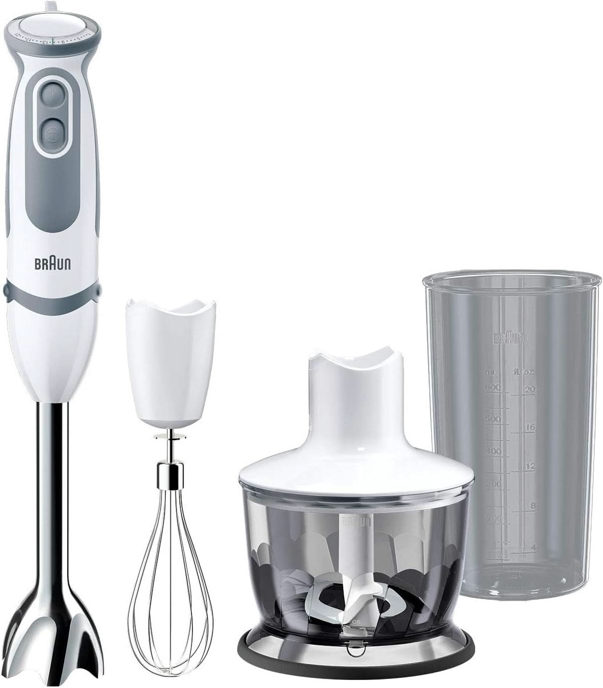 Braun Stabmixer MQ 5200WH - Multiquick 5 Vario Pürierstab Mit Edelstahl Mixfuß, 1000 Watt, Inkl. 600 ml Mix- & Messbecher, Weiß/Grau Kitchen Naty Shop Version 2019 – Schneebesen