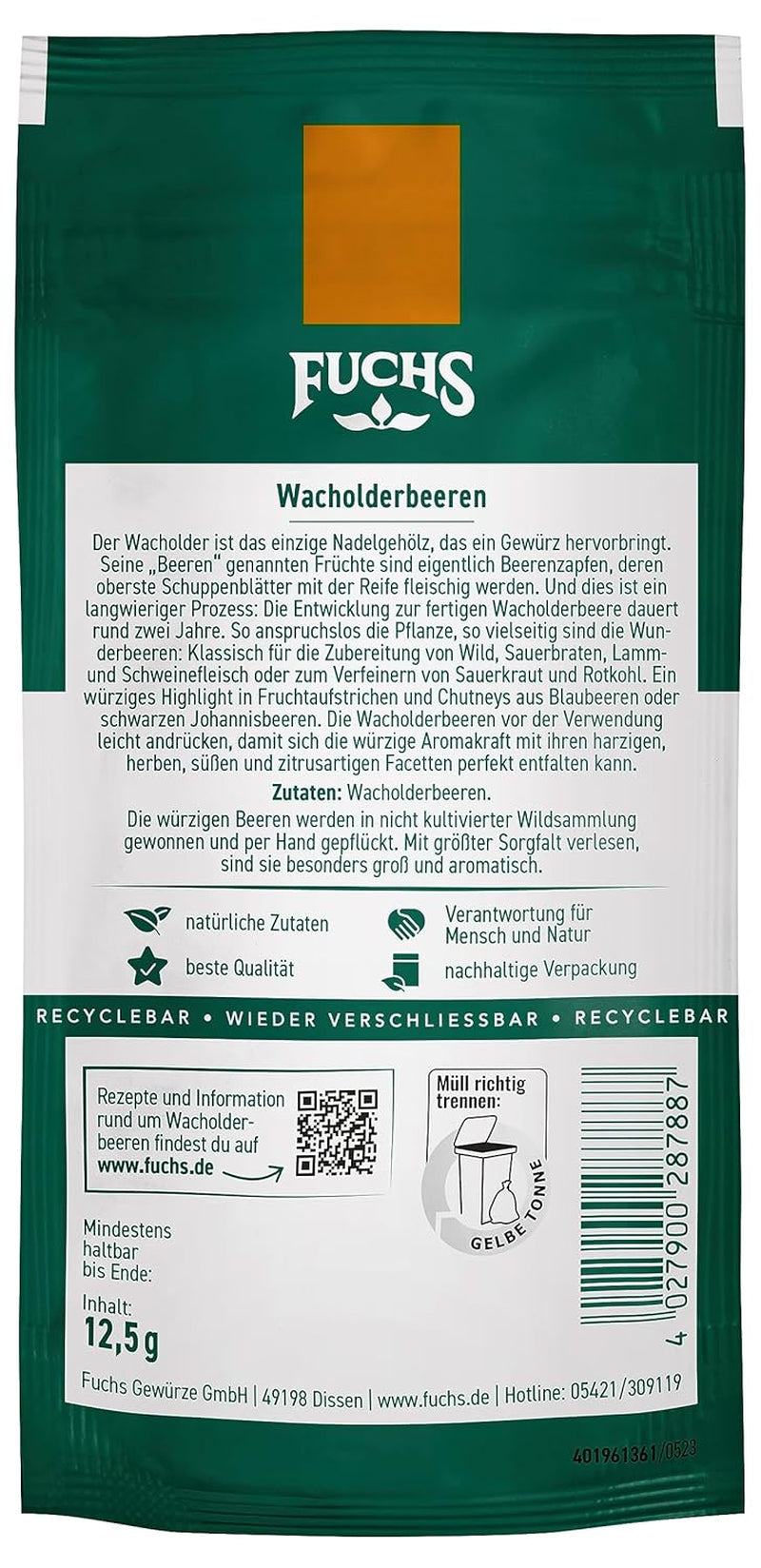 Fuchs Gewürze - Wacholderbeeren im wiederverschließbaren, recycelbaren Beutel - aus natürlicher Zutat - 12,5 g