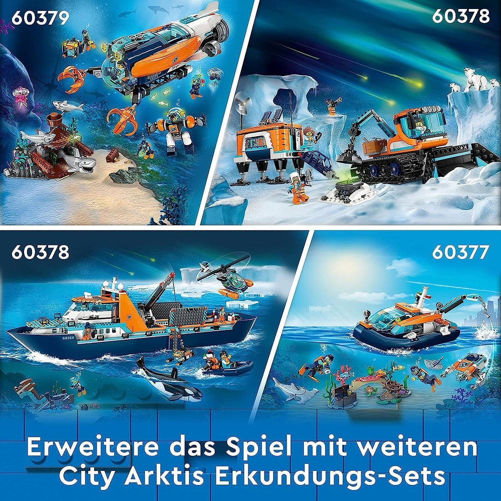 LEGO City Arktisches Forschungsschiff, großes schwimmendes Spielzeugboot mit Hubschrauber, Schlauchboot, Rov-U-Boot, Wikingerwrack, 7 Minifiguren und Orca-Figur, Geschenk für Kinder ab 7 Jahren 60368 Bausets Besuchen Sie den LEGO-Store