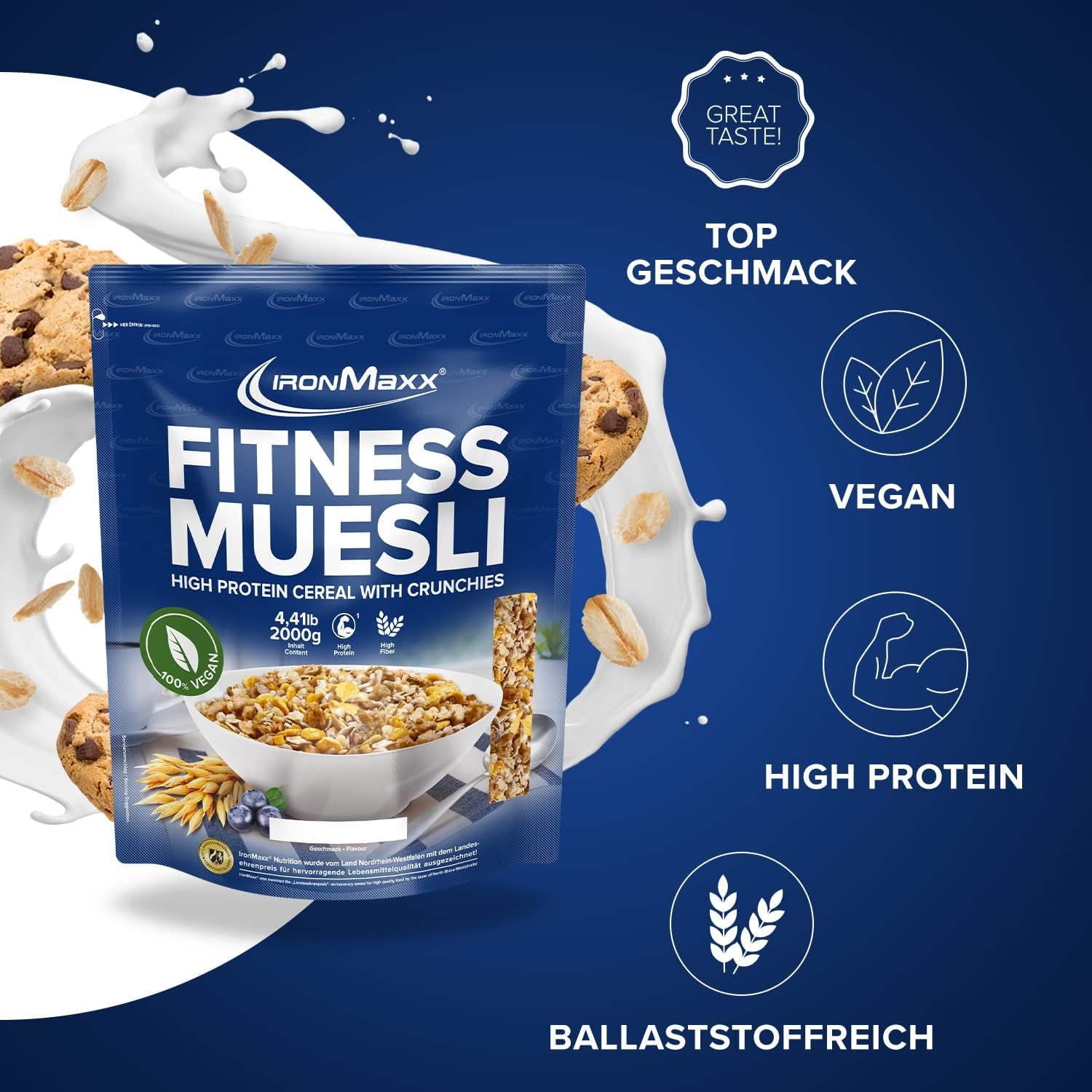 IronMaxx Fitness Müsli - Cookies & Cream, 2 kg Beutel | Proteinreiches veganes Müsli mit knusprigem Inhalt | Wenig Zucker und viel Ballaststoffe