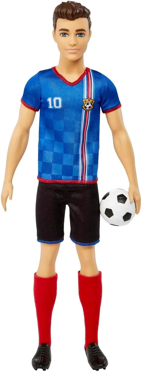 Barbie You Can Be Anything Serie Ken Puppe Fußballer Ken Puppe Braunes Haar Blaues T-Shirt Fußball 1X Ken Puppe Fußballer Kindergeschenk 3 Jahre altes Spielzeug Hcn15