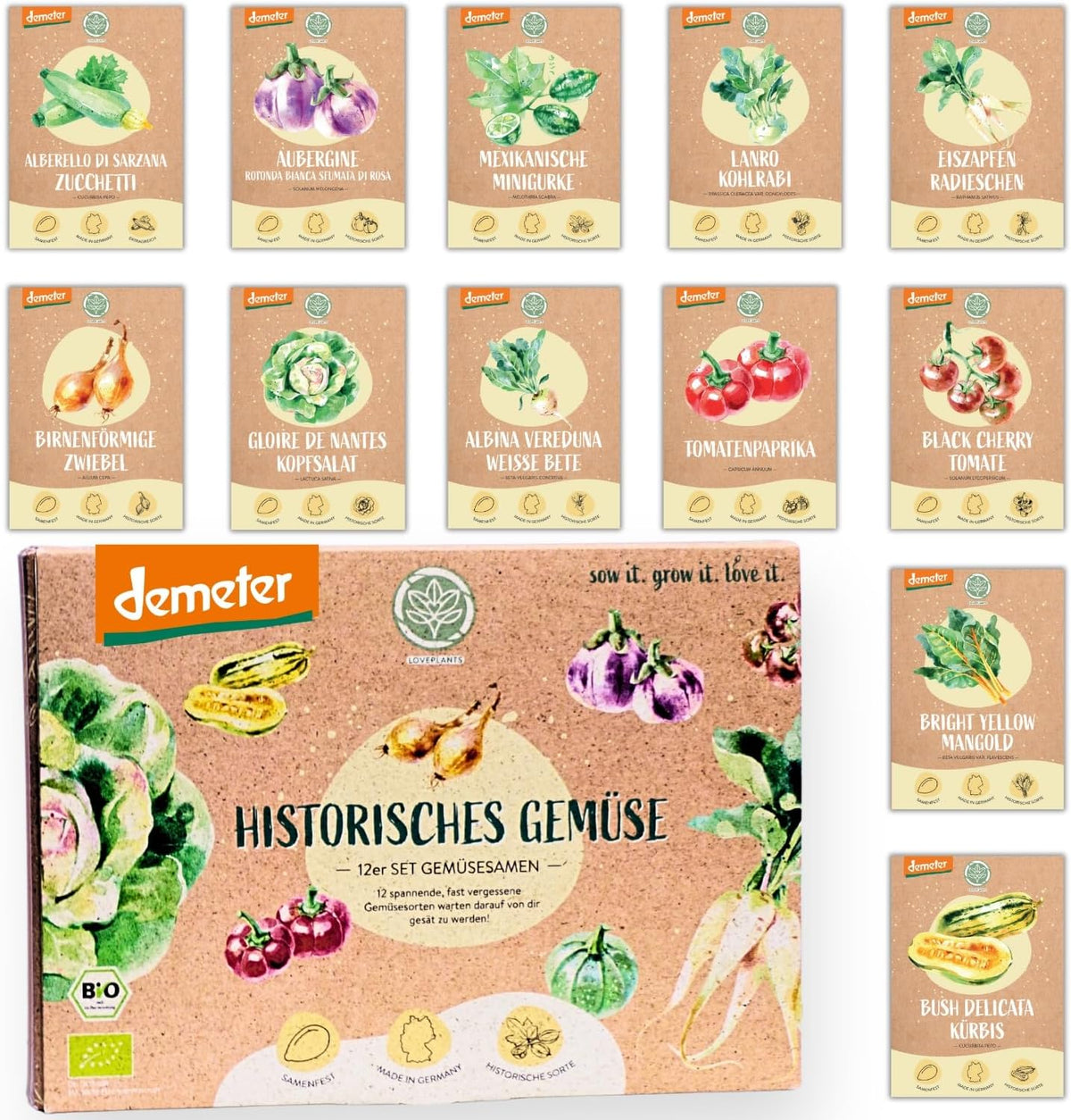 Bio-Gemüsesamen-Set – 12 Sorten Demeter-Gemüsesamen | Seltene und familiäre Gemüsesamen, alle frei bestäubt | Familiengemüsesorten für Balkone, Hochbeete, Gärten und Geschenke | Liebespflanzen