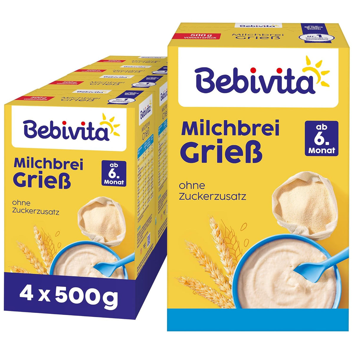 Grießbrei mit Milch (4 x 500g), Nahrung für Babys ab 6 Monaten, ohne Zuckerzusatz, mit wertvollen Mineralien und Vitaminen, sehr sättigend