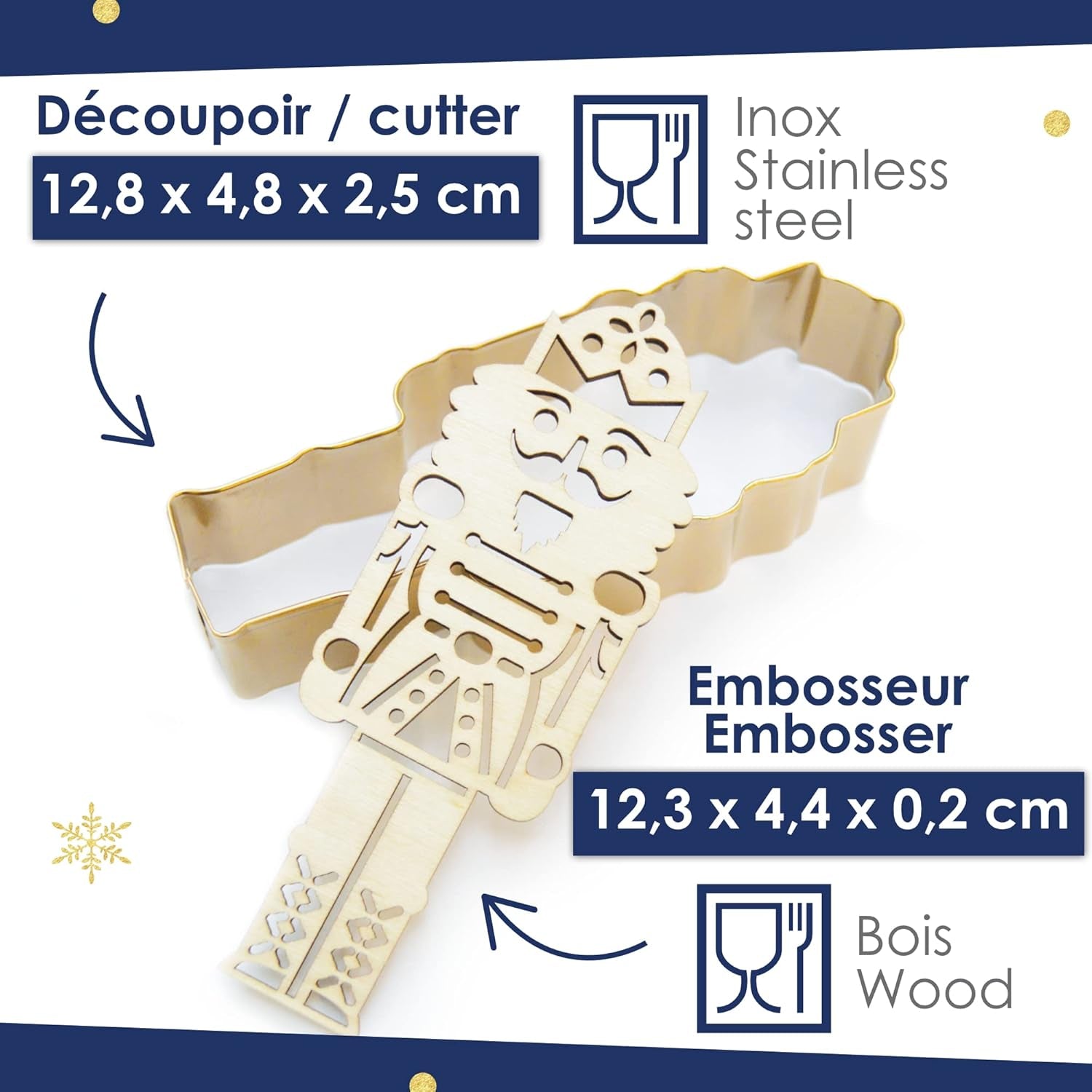 ScrapCooking - Set Forme de Biscuiți + Mașină de Gofrare Spargător de Nuci din Lemn – Formă de Biscuiți de Crăciun din Oțel Inoxidabil pentru Biscuiți în Relief – Accesoriu Formă de Coacere Sablată – Culoare Aurie – 2097