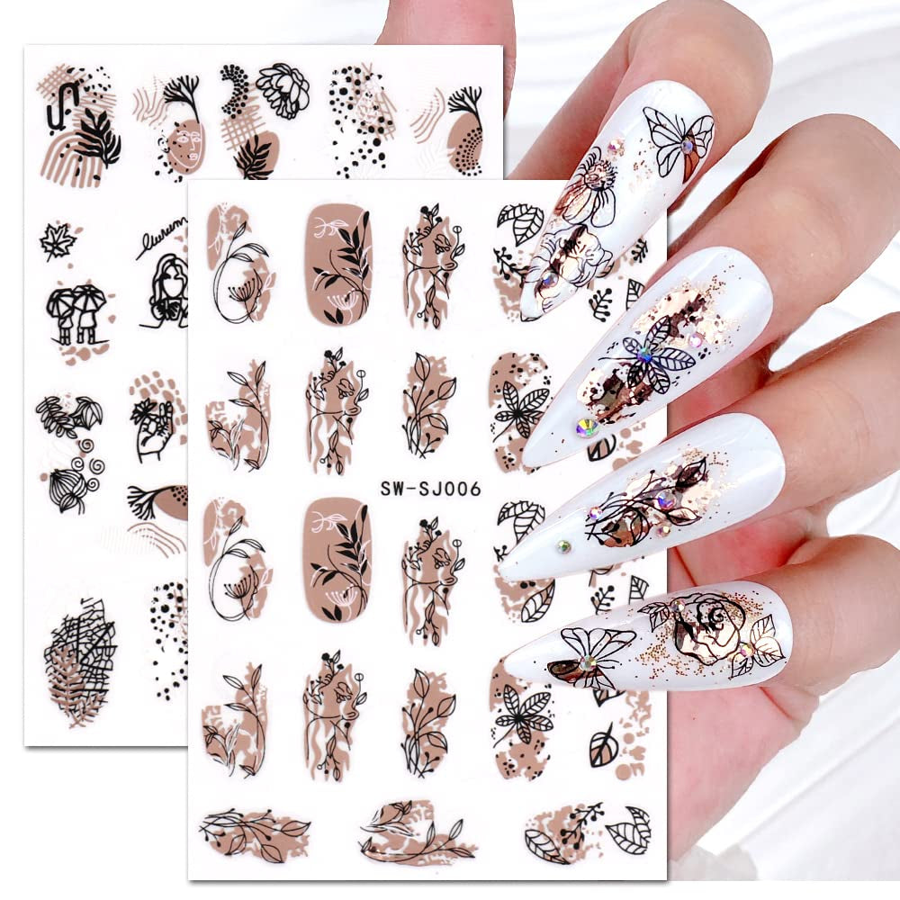 JMEOWIO Nagelsticker Rose Gold Schwarze Blume 12 Blatt Nail Art Sticker Selbstklebend Nagelaufkleber Frühlings Linie Abstraktes Blatt Dekoration Nageldesign Zubehör