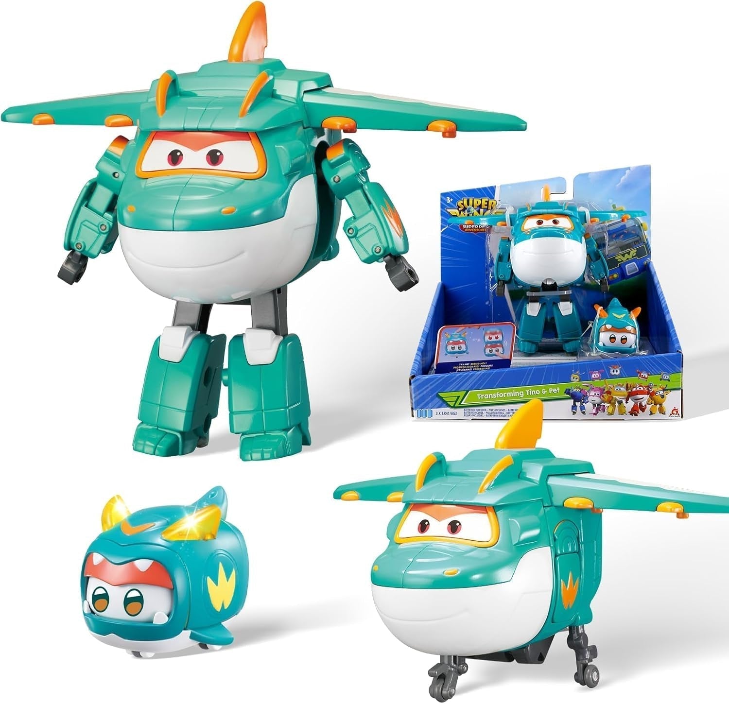 Super Wings EU770447 – Transforming Tino & Pet, verwandelnde Spielzeugfigur ca. 14,5 cm und Haustier mit einer Höhe von ca. 14,5 cm. 4,3 cm, für Kinder ab 3 Jahren Actionfiguren Naty Shop Tino