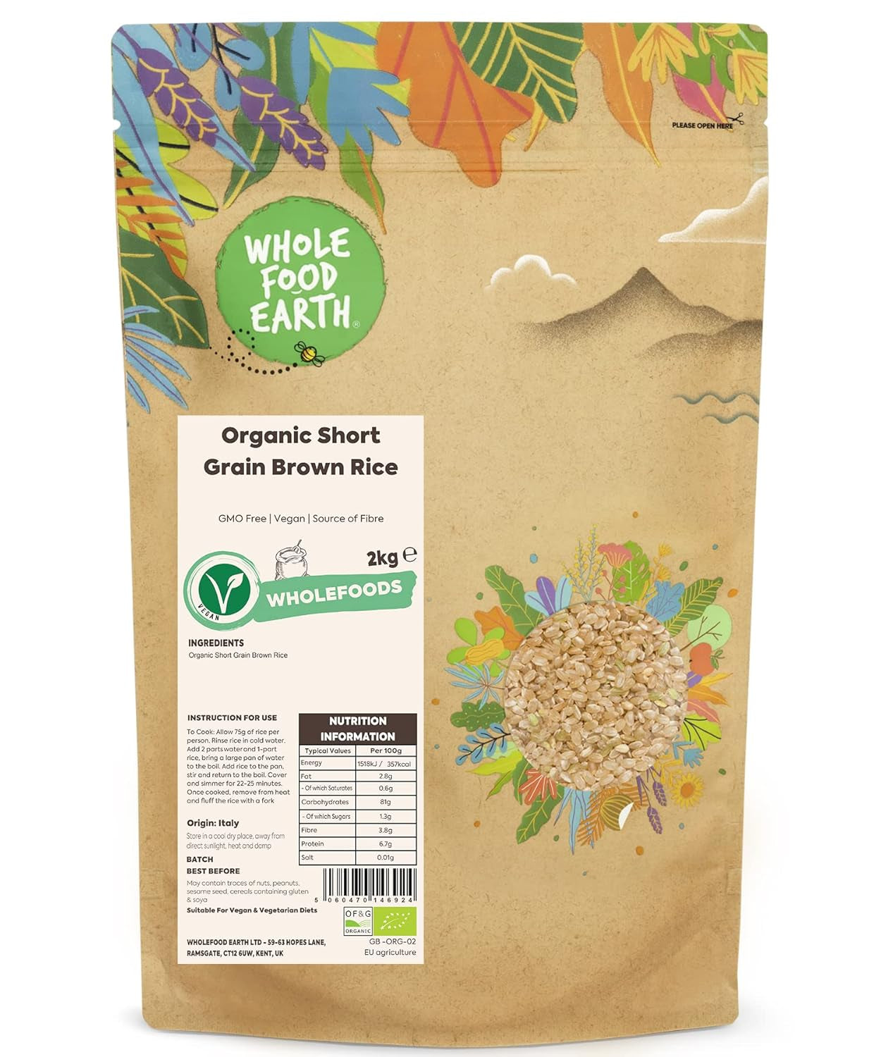 Wholefood Earth Bio-Rundkorn-Naturreis 3 kg, gentechnikfrei, vegane Ballaststoffquelle aus kontrolliert biologischem Anbau