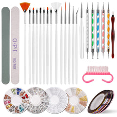 Nail Art Dekorationen & Nagelpinsel Set, Nageldesign Zubehör, Nagelset 5 Stk 2 Wege Punktierung Stift, 15 Malerei Polnisch Pinsel Set, 10 Streifenband, 4 Boxen Bunte Nagel Rhinestones Dekoration
