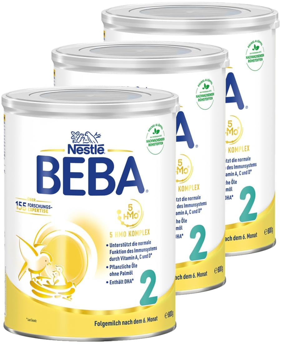 BEBA 2 - Folgemilch nach 6 Monaten, mit 5 HMO-Komplex, altersgerechter Proteingehalt, laktosefrei, palmölfrei, fischölfrei, Babynahrung, Babymilchpulver, 3er Pack (3 x 800g)