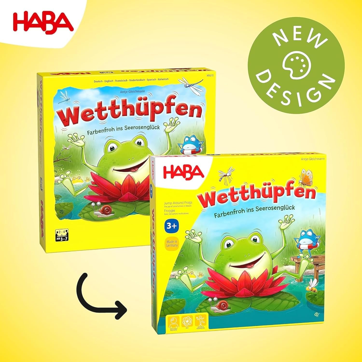 HABA Hüpfspiel – Würfelspiel ab 3 Jahren mit Pop-Up-Seerosen und Spielvarianten, fördert Zählen und Motorik, 2-4 Spieler – 1305272001
