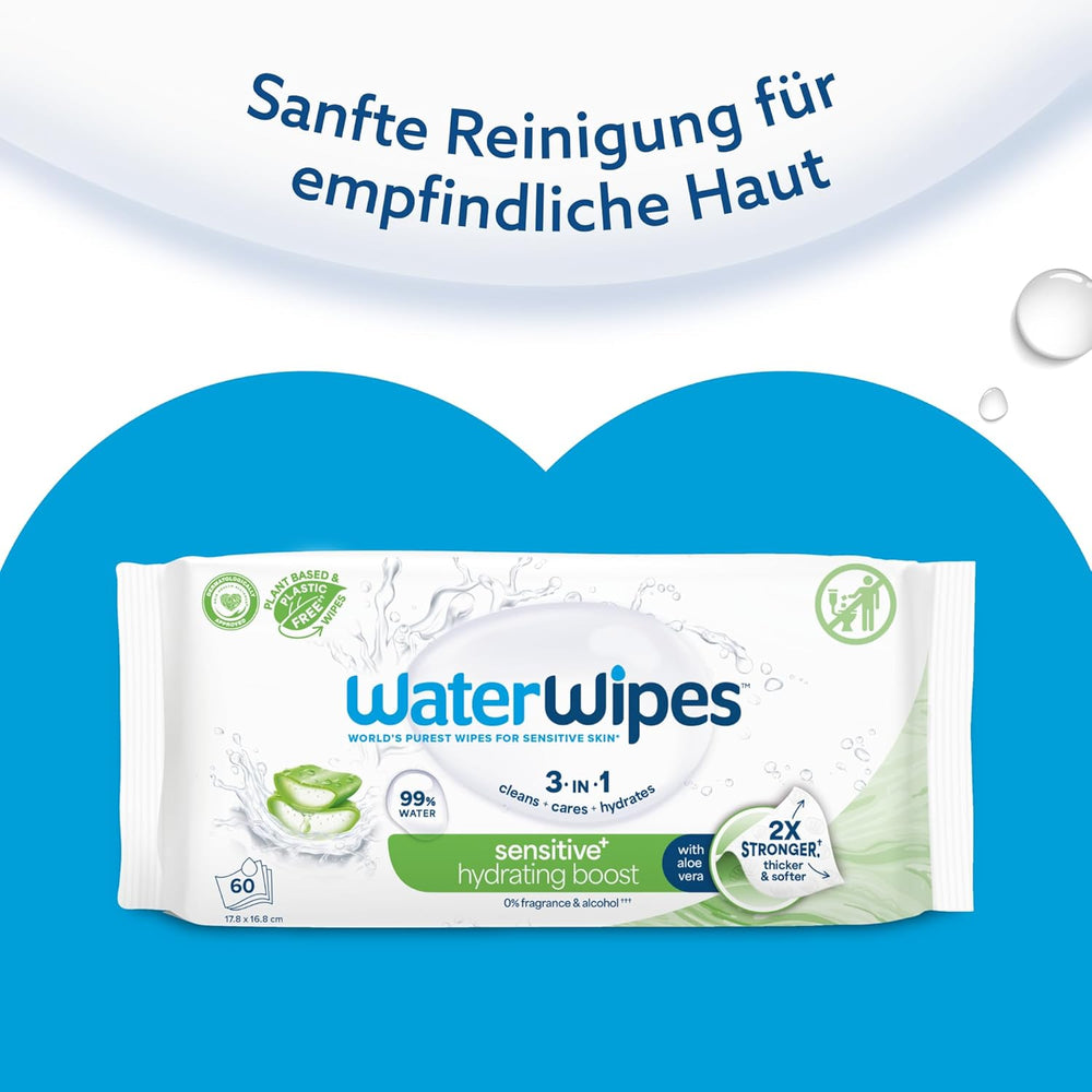 WaterWipes Sensitive+ Hydrating Boost Feuchttücher, feuchtigkeitsspendende Tücher, 720 Stück (12er-Pack), 3-in-1-Reinigung, Pflege, Feuchtigkeit, 99 % Aloe-Vera-Wasser, parfümfreie Babytücher
