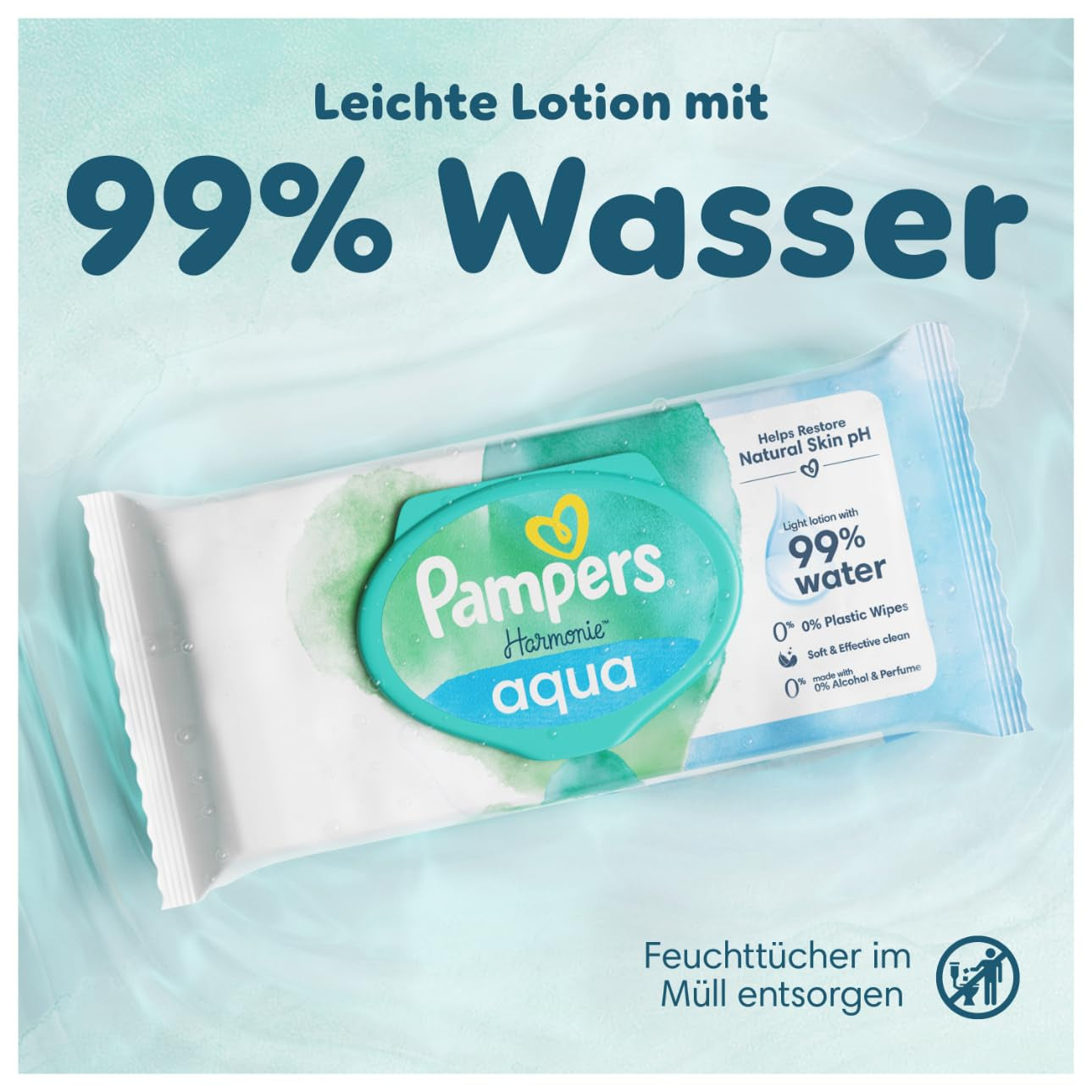 Pampers Harmony Aqua Feuchttücher, 6 Packungen mit je 48 Tüchern, insgesamt 288 Tücher. Hilft, den natürlichen pH-Wert der Haut wiederherzustellen. Leichte Lotion mit 99 % Wasser