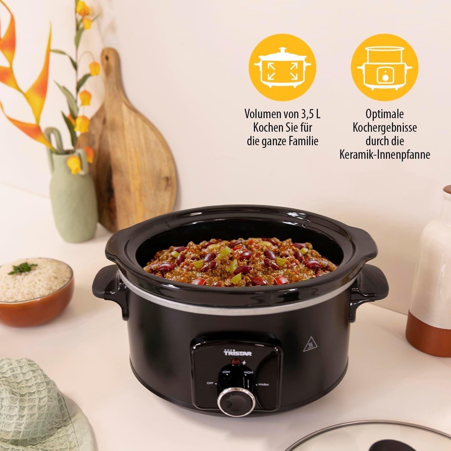 Tristar VS-3915 Slow Cooker, Edelstahl-Keramiktopf mit 2 Heizstufen und Warmhaltefunktion, 3,5 L Slow Cooker Naty Shop