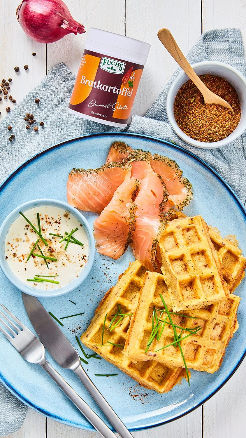 Fuchs Gourmet Selection Klassisch/Heimisch – Bratkartoffel Gewürzsalz, nachfüllbares Kartoffelgewürz, Salz zum Würzen von Brat- & Ofenkartoffeln, Pommes Frites & Co, vegan, 70 g