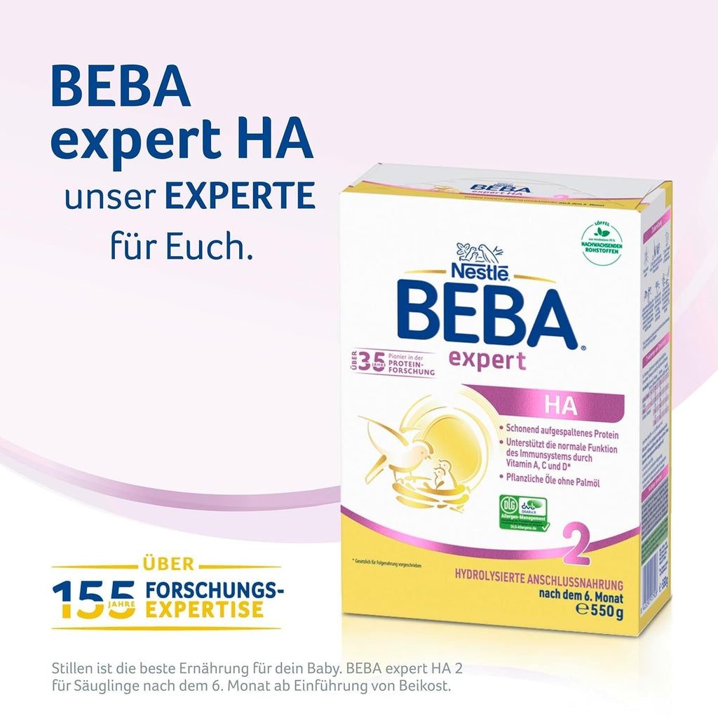 BEBA Expert HA 2 Lapte de continuare după 6 luni, hrană pentru copii cu proteină hidrolizată, doar lactoză, fără ulei de palmier, pachet de 6 (6 x 550 g) Naty Shop