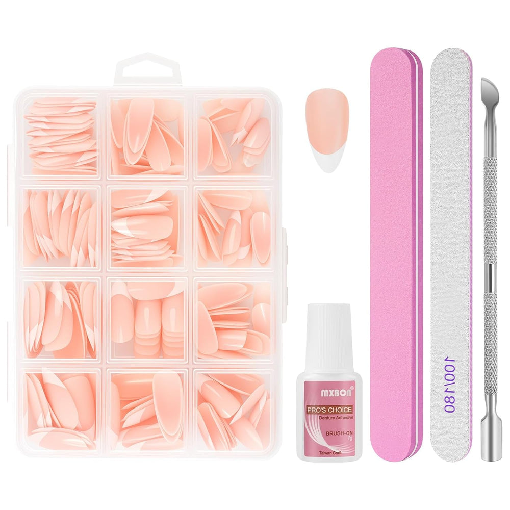 Set de 240 de vârfuri pentru unghii false, unghii false franțuzești pentru lipit, set de unghii franțuzești cu presă, 12 mărimi, unghii false cu lipici pentru femei și bărbați (alb nud mediu migdală)