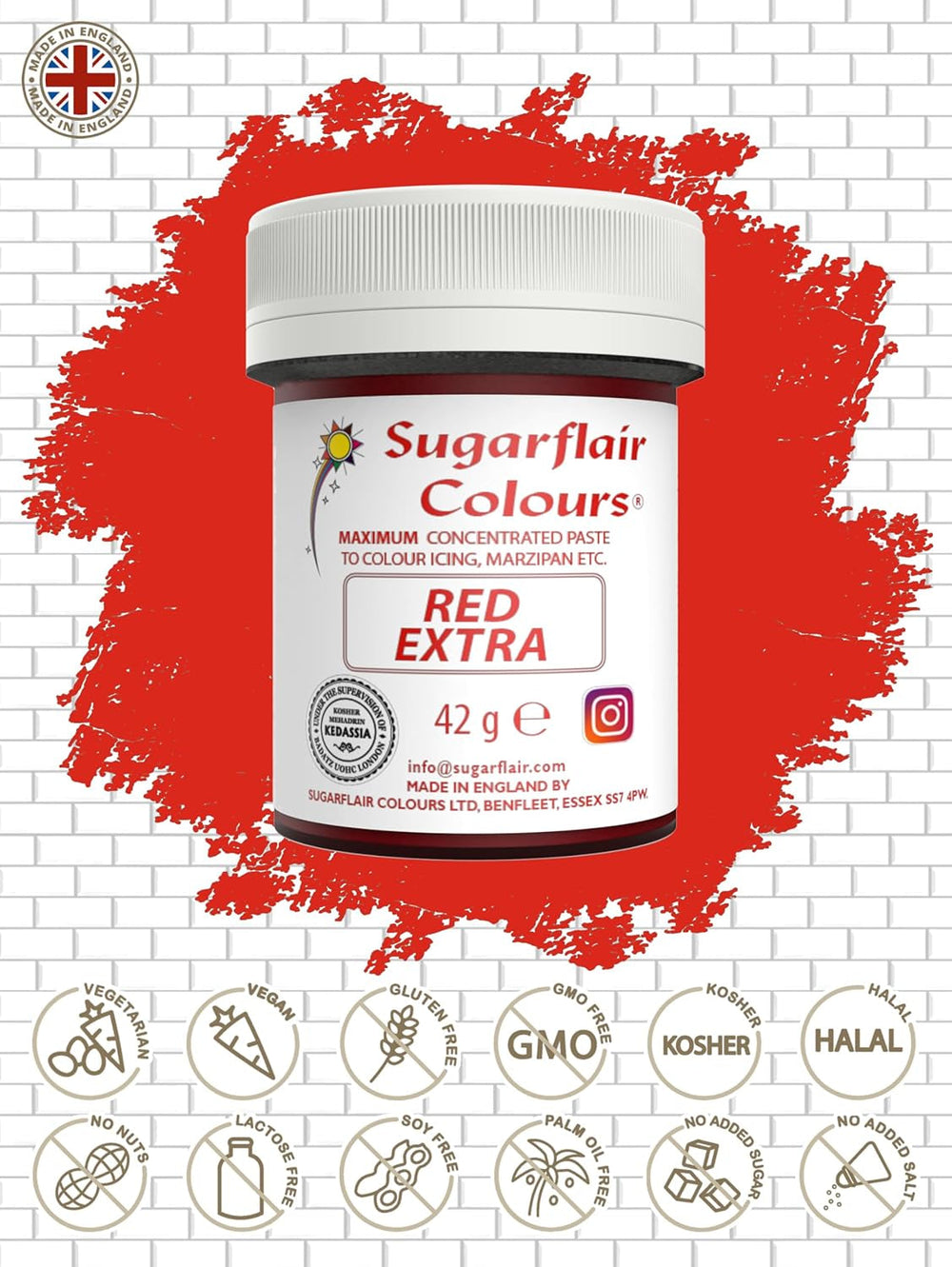 Colorant alimentar Sugarflair Max Concentrated Red Extra, colorant alimentar foarte concentrat pentru marțipan și fondant, colorant pastă Max Concentrate - 42 g