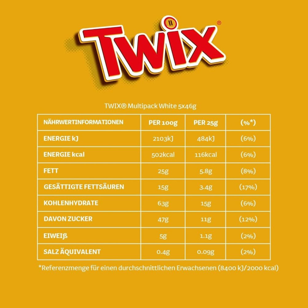 Twix weiße Schokoriegel; Karamell, Kekse, weiße Schokolade; Mehrfachpackung Pralinen; 5 Riegel (5 x 46 g)