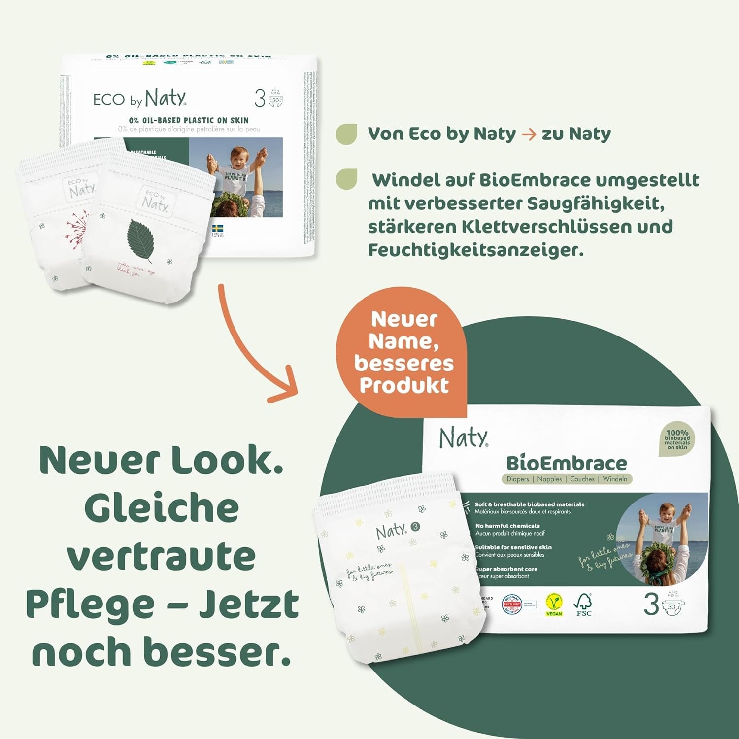 Naty BioEmbrace Babywindeln, Größe 3 (4–9 kg) | 100 % pflanzliche Materialien, sanft zur Haut | Atmungsaktive Weichheit, dermatologisch getestet, hervorragende Absorption | 100 Stk.