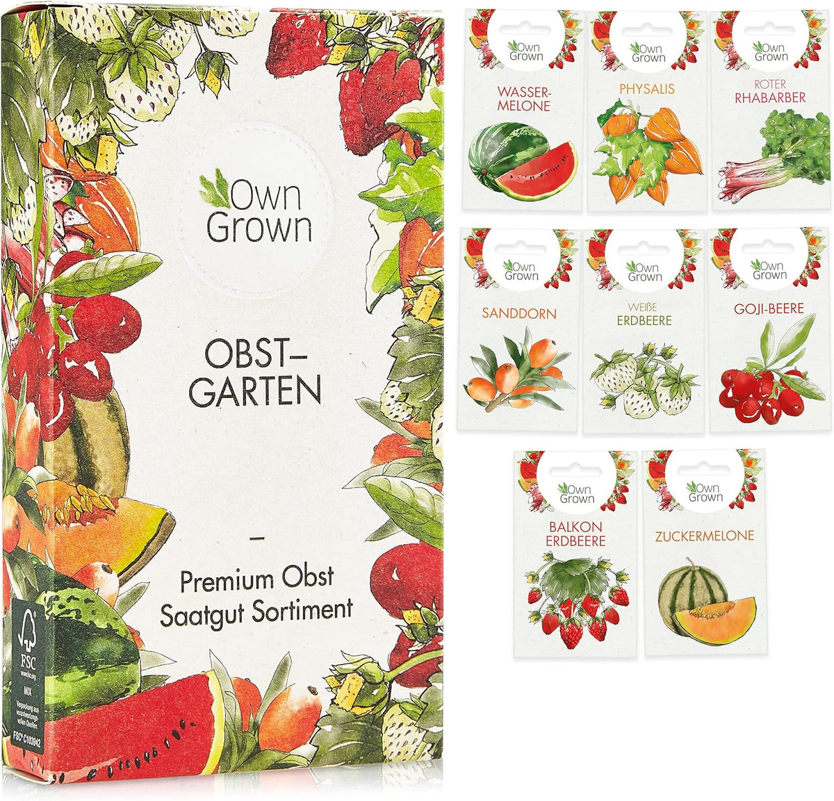 Obstsamen-Set: Premium-Gartensamen mit 8 Sorten Obstpflanzen für Garten und Balkon – Wassermelonenkerne, Erdbeerkerne, Stachelbeeren, Rhabarber und mehr – Obstsamen-Geschenkset von OwnGrown
