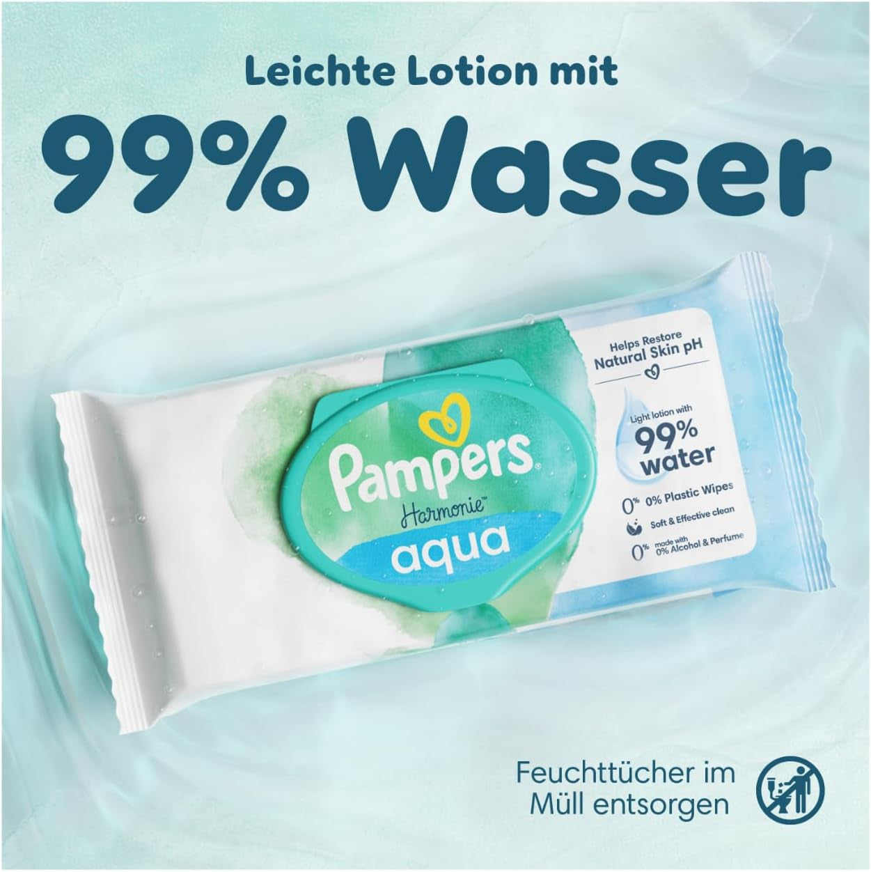 Pampers Harmony Aqua Feuchttücher, 15 Packungen mit je 48 Tüchern – insgesamt 720 Tücher, helfen dabei, den natürlichen pH-Wert der Haut wiederherzustellen, leichte Lotion 99 % Wasser