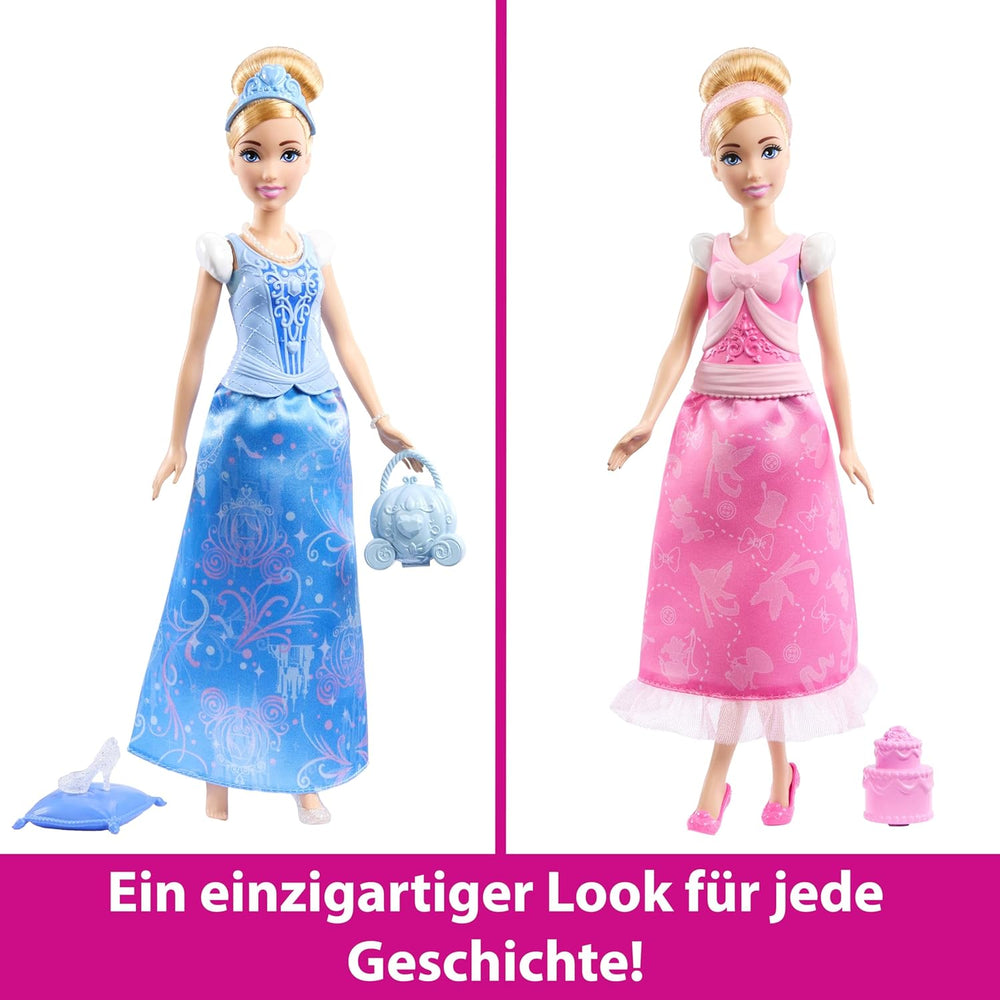 Jucării Mattel Disney Princess, păpușă Cenușăreasa la modă cu 2 ținute, 9 accesorii, 2 topuri cu clipsuri și 2 fuste. Povești 2 în 1 inspirate din filmul Disney, JCR95