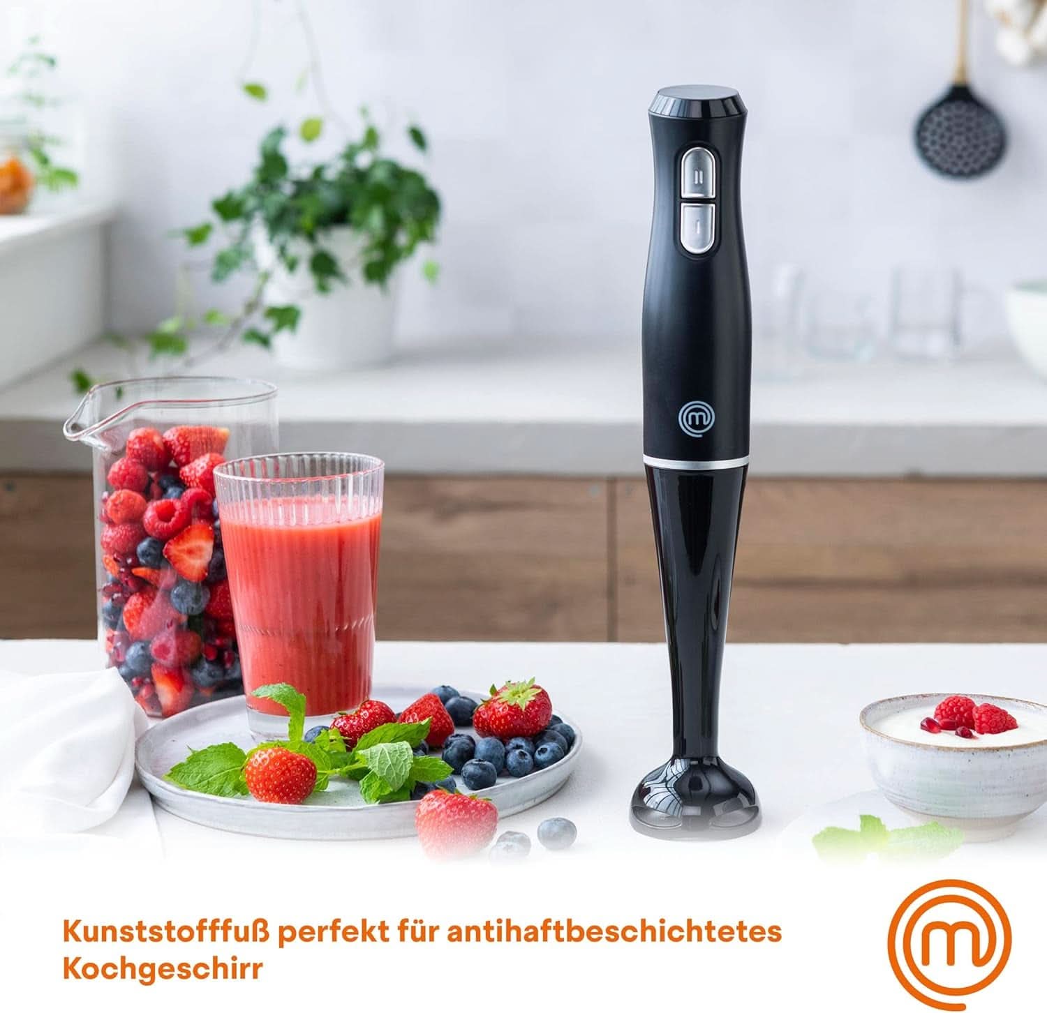 Masterchef Stabmixer, Pürierstab Mit Spritzschutz, Zauberstab Küchengerät, Elektrischer Mixstab Hand Blender Mit 2 Geschwindigkeiten, Eintauchfunktion, Spülmaschinenfeste Komponenten, 200W, Schwarz Kitchen Naty Shop