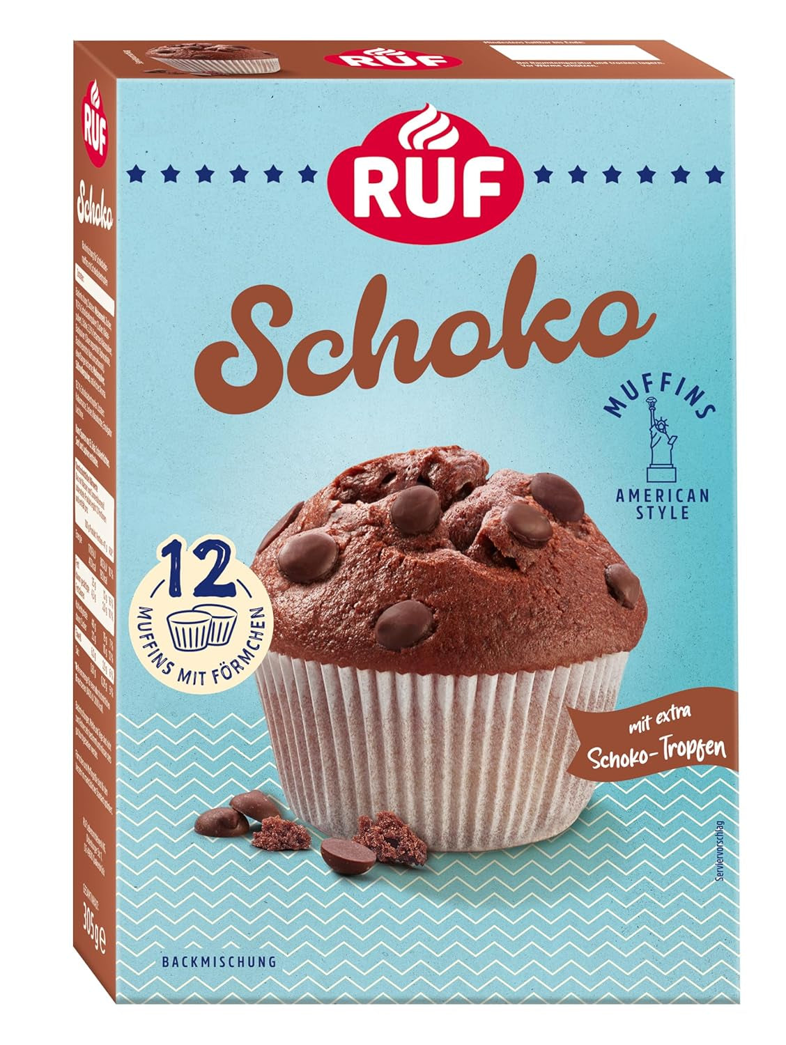 RUF Cheesecake-Muffins Backmischung, American Style Muffins Mit Cremiger Füllung, Einfache Zubereitung, 12 Muffin-Förmchen Inklusive Naty Shop Schoko 305 G (1Er Pack)