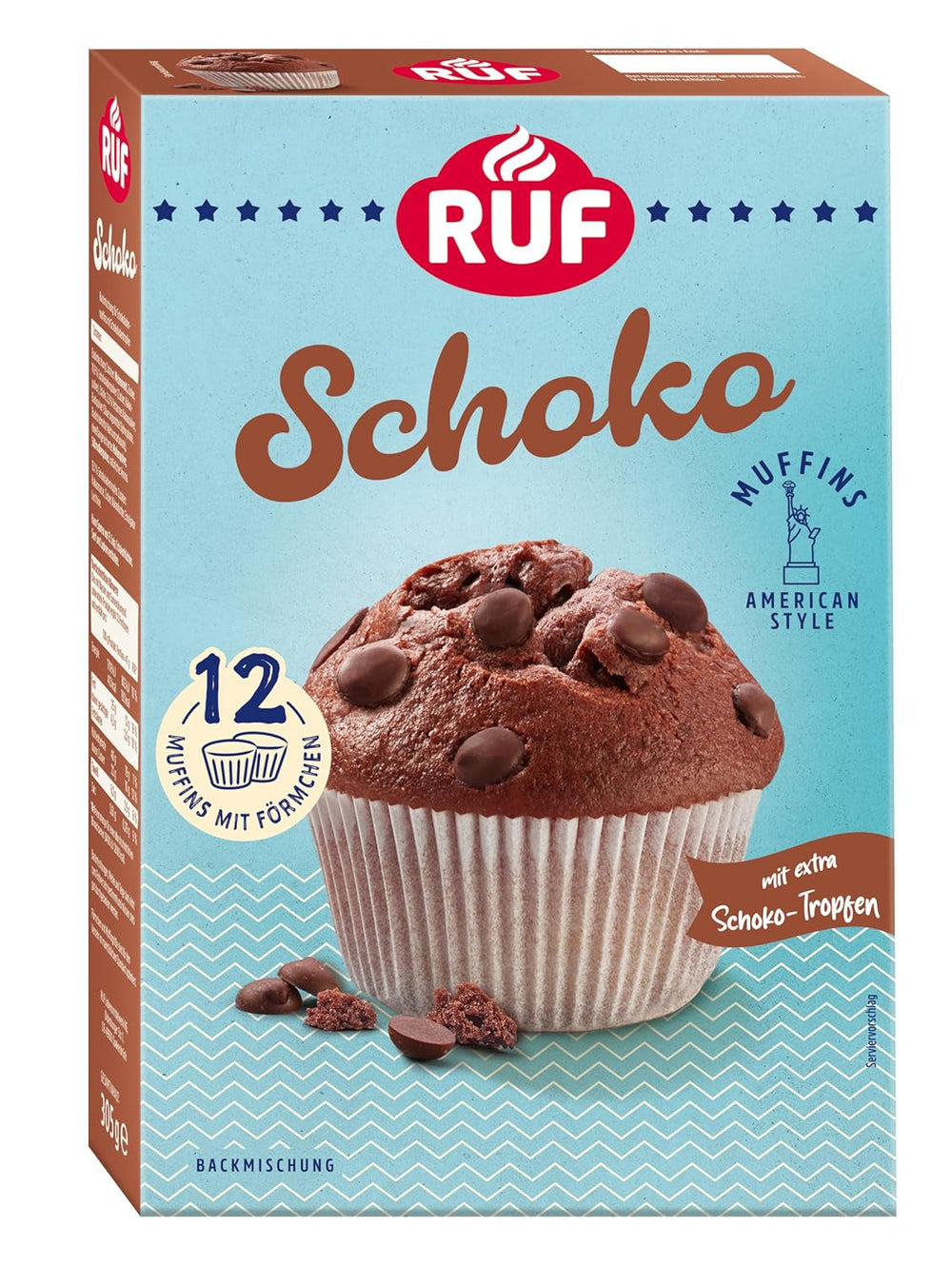 RUF Cheesecake-Muffins Backmischung, American Style Muffins Mit Cremiger Füllung, Einfache Zubereitung, 12 Muffin-Förmchen Inklusive Naty Shop Schoko 305 G (1Er Pack)