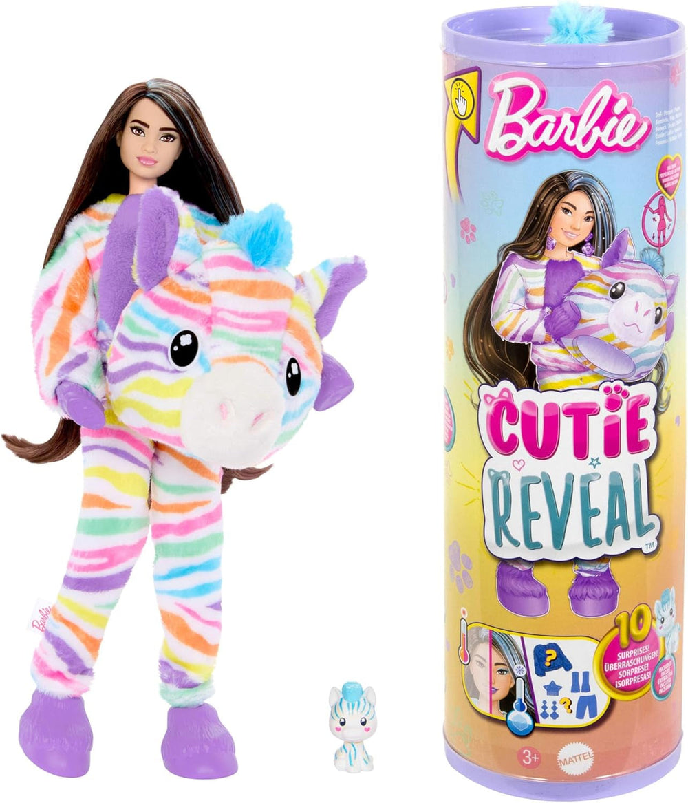Barbie Cutie Reveal-Puppe und Zubehör, Batik-Häschen-Plüsch-Outfit und 10 farbwechselnde Überraschungen, Color Dream-Serie, HRK38 Naty Shop Regenbogen-Zebra-Puppen