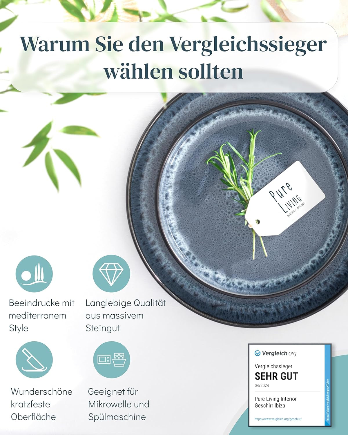 Set de veselă din gresie ceramică, format din 18 piese, pentru 6 persoane, design Ibiza, CÂȘTIGĂTOR AL TESTULUI. Un set de veselă mediteranean superb, din gresie ceramică, inclusiv boluri și farfurii. Set de veselă Pure Living în albastru fumuriu.