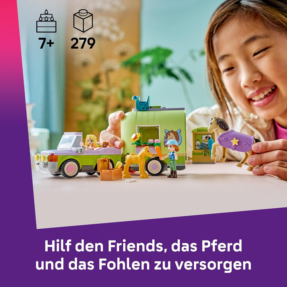 LEGO Friends Pferd und Fohlen mit Pferdeanhänger – Pferde Spieleset mit Pflegezubehör, 4 Tierfiguren, Auto & 2 Mini Puppen – Geschenkeidee zum Geburtstag für Mädchen ab 7 Jahren – 42695
