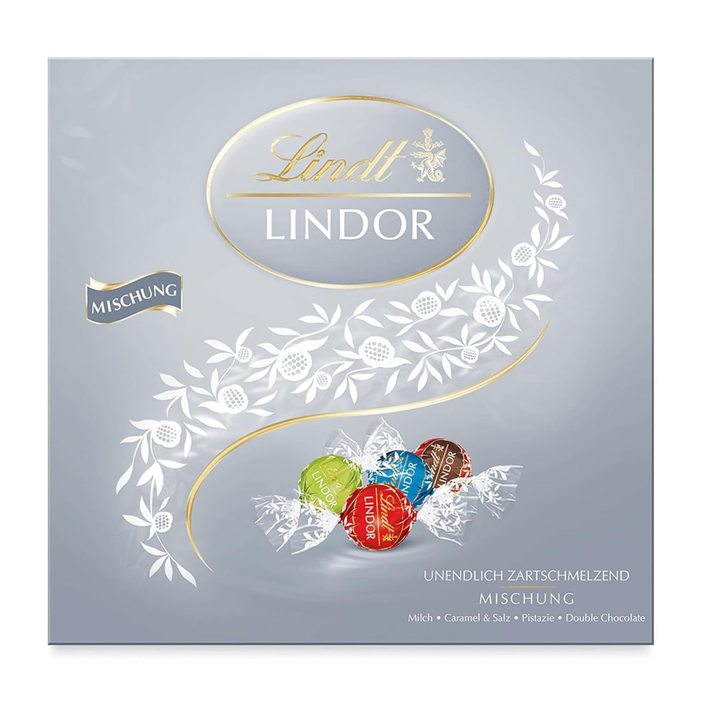 Lindt Chocolate LINDOR Mixture Silver, 26 sfere din ciocolata cu umpluturi diverse, 325 grame Bomboane de Ciocolata Naty Shop Ameste model nou argintiu (187 grame)