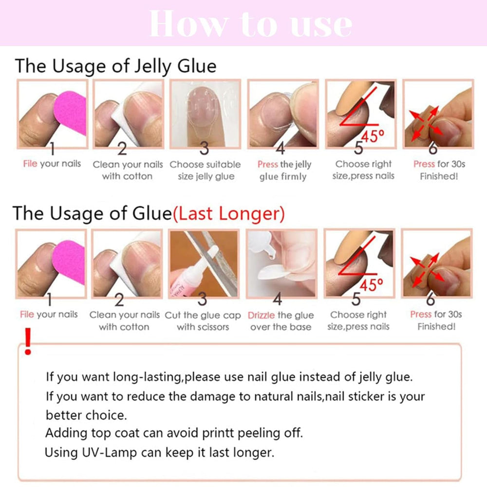 24 bucăți unghii artificiale cu vârf francez, scurte și pătrate, unghii acrilice negre cu design în formă de inimă albă, pentru acoperire completă