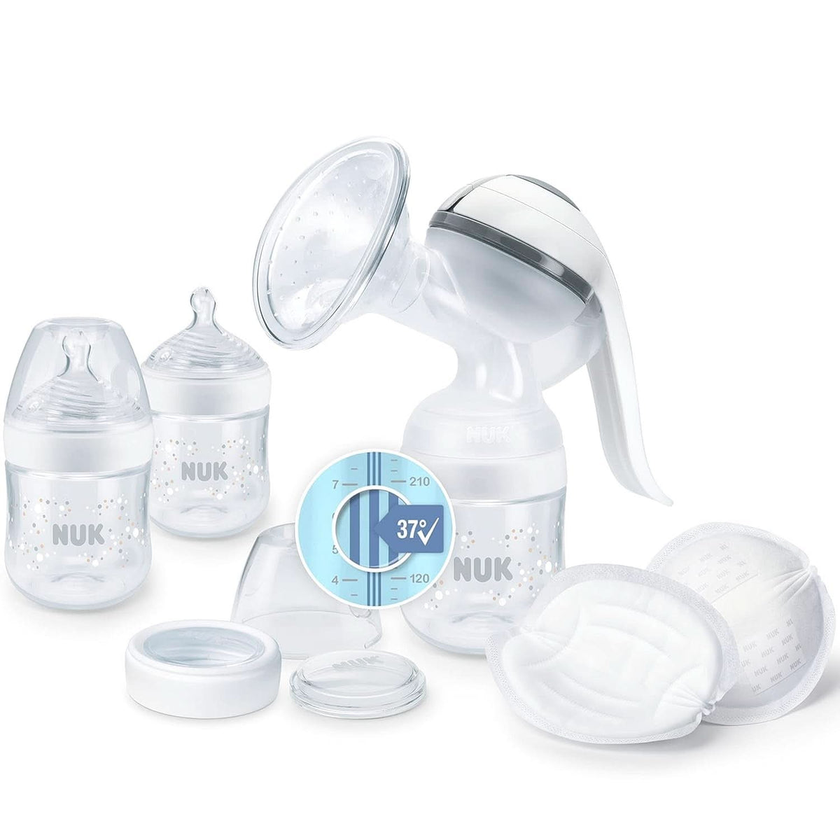 NUK Nature Sense Handmilchpumpe | Stillset mit manueller Milchpumpe, Flaschen und Stilleinlagen Ultra Dry Comfort | 6 Stück Babynahrung und Stillzubehör Naty Shop Single Mit Temperaturkontrolle