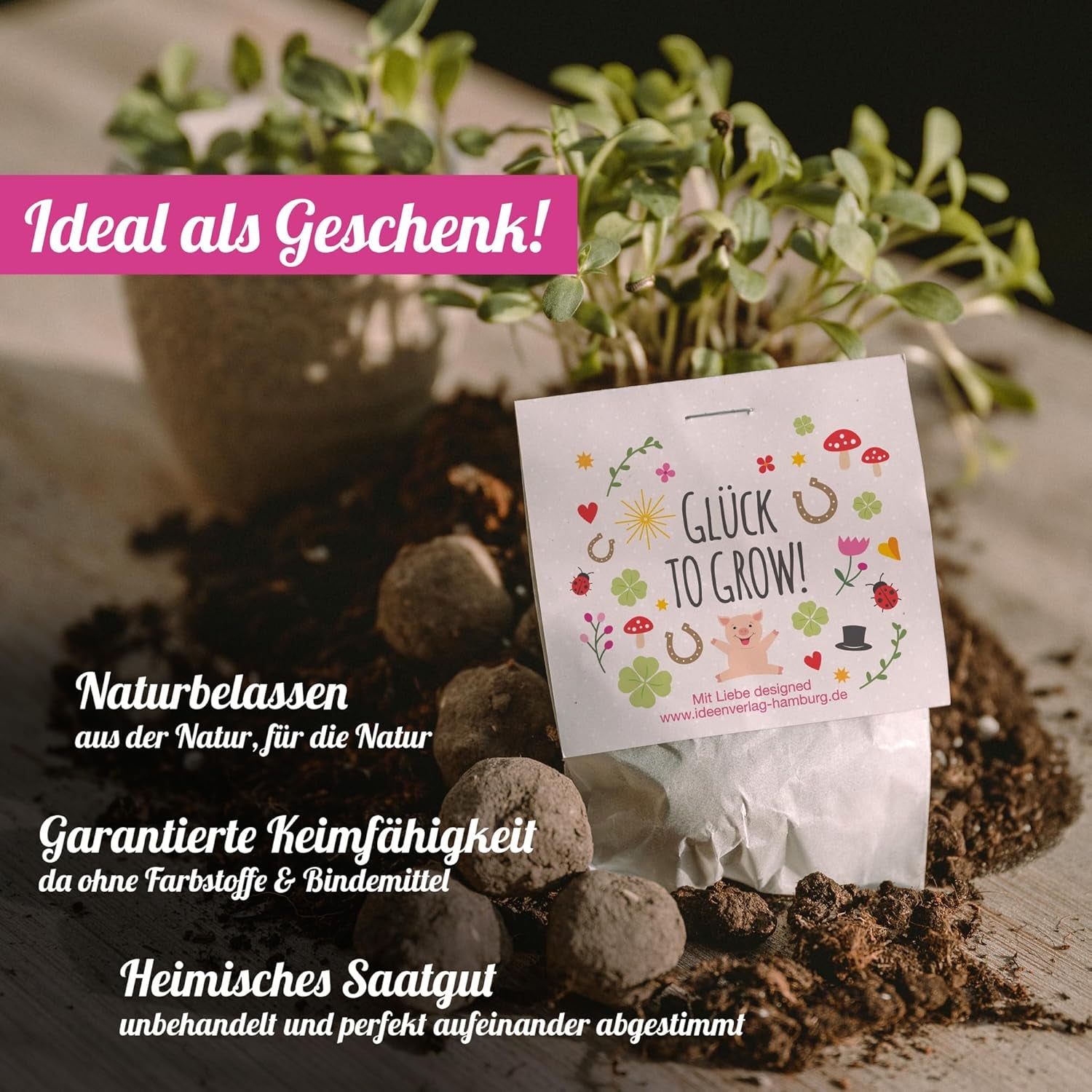 10x „Glück to grow“ Semenbomben als Glückbringer 2026 & Blumensamen Geschenk | Mitbringsel Erwachsene & kleine Gastgeschenke Silvester - Kleeblatt Glückbringer Prüfung - inkl. Geschenkkarten-Set