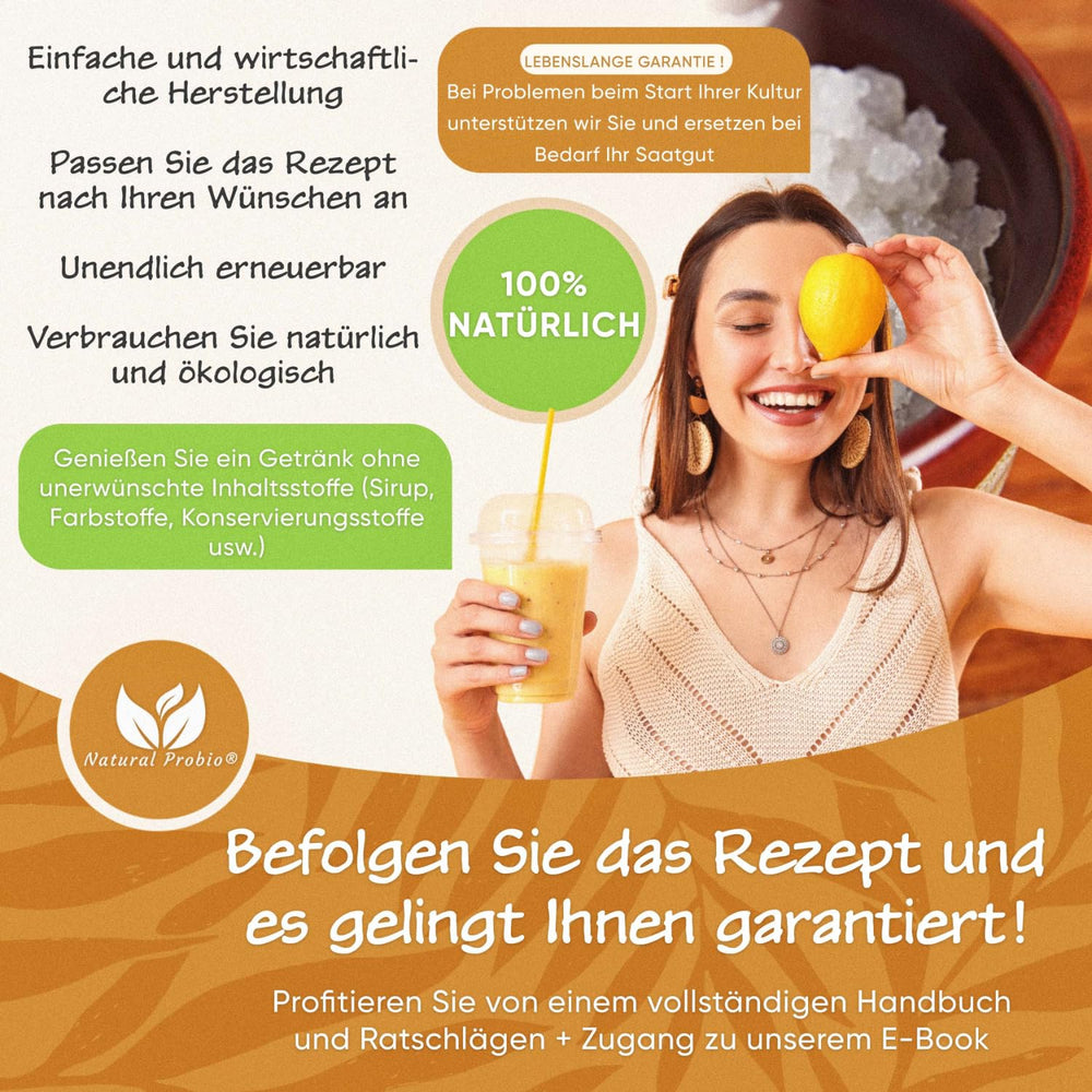 Natural Probio® Wasserkefir, Kefirpilz, Japankristalle, Kefirknollen, Starter Set + Anleitung, Rezept, Tipps, E-Book & Rezeptbibliothek + Kundenservice auf Lebenszeit (10g dehydriert/60g rehydriert)